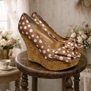 Paris Hilton Brown & White, Polka Dot, Retro, Bow, Wedges